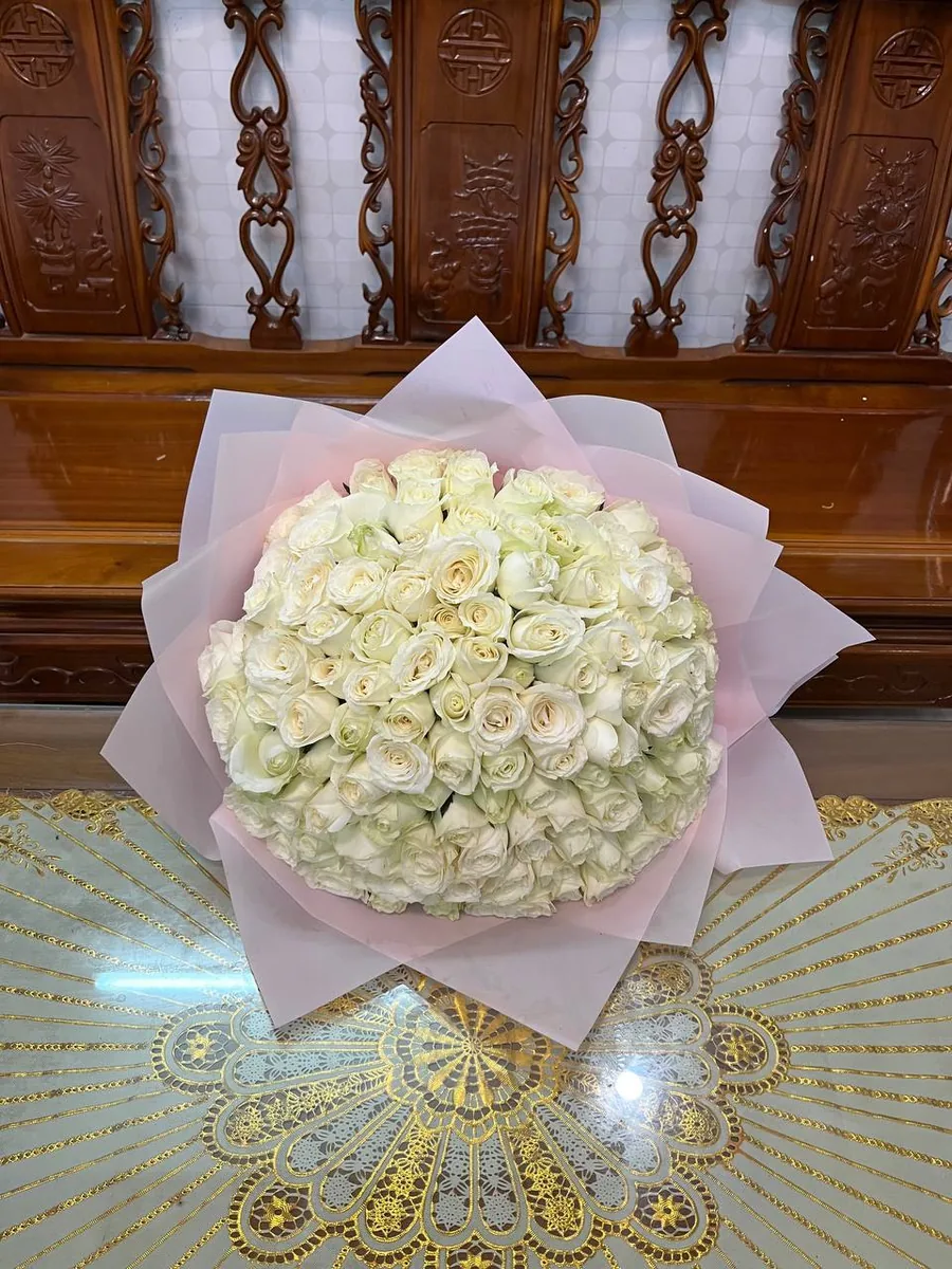 101 white roses in pink wrap delivery Nha Trang