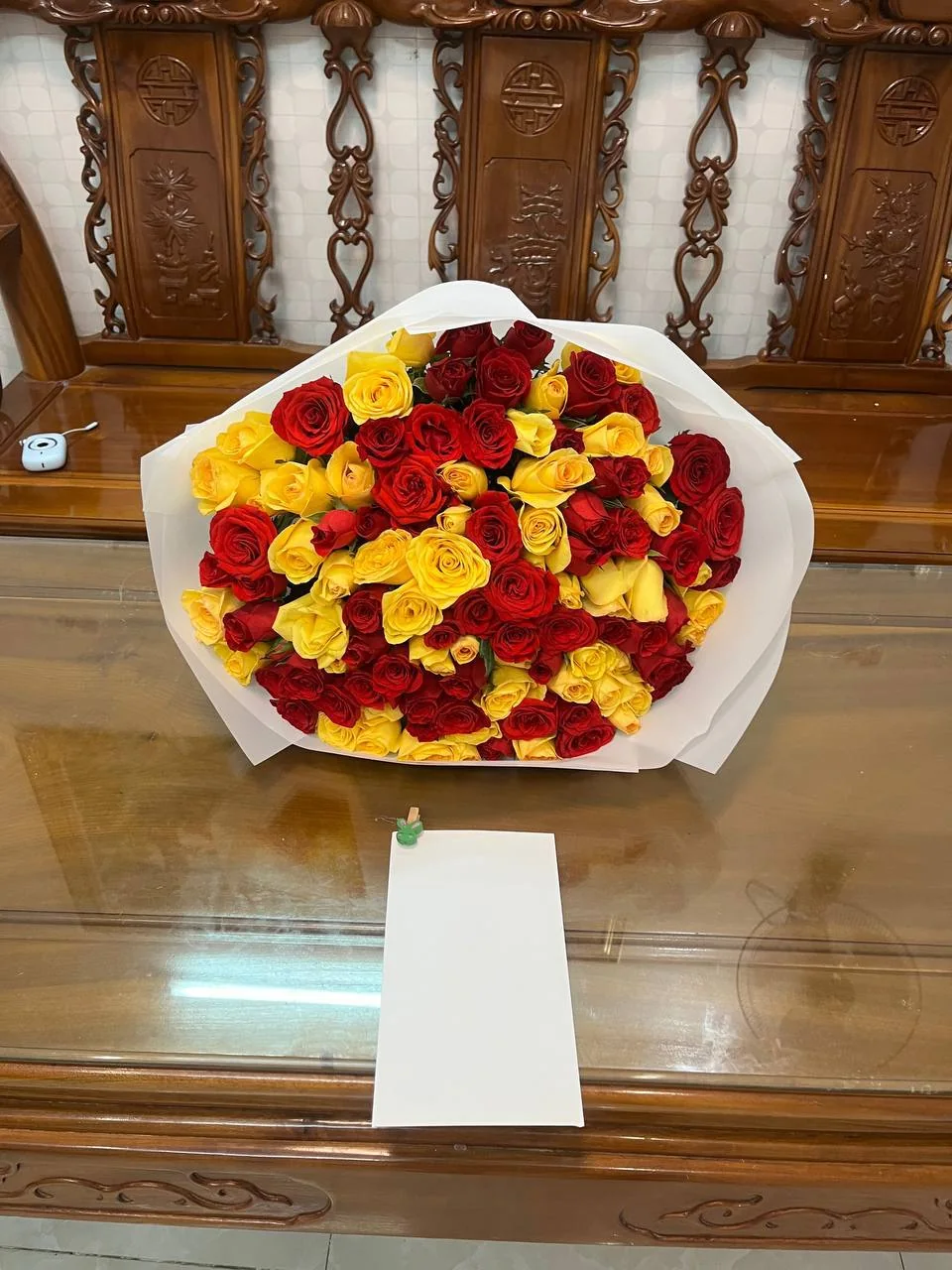 101 yellow and red roses in white wrapping with a card Nha Trang delivery 1