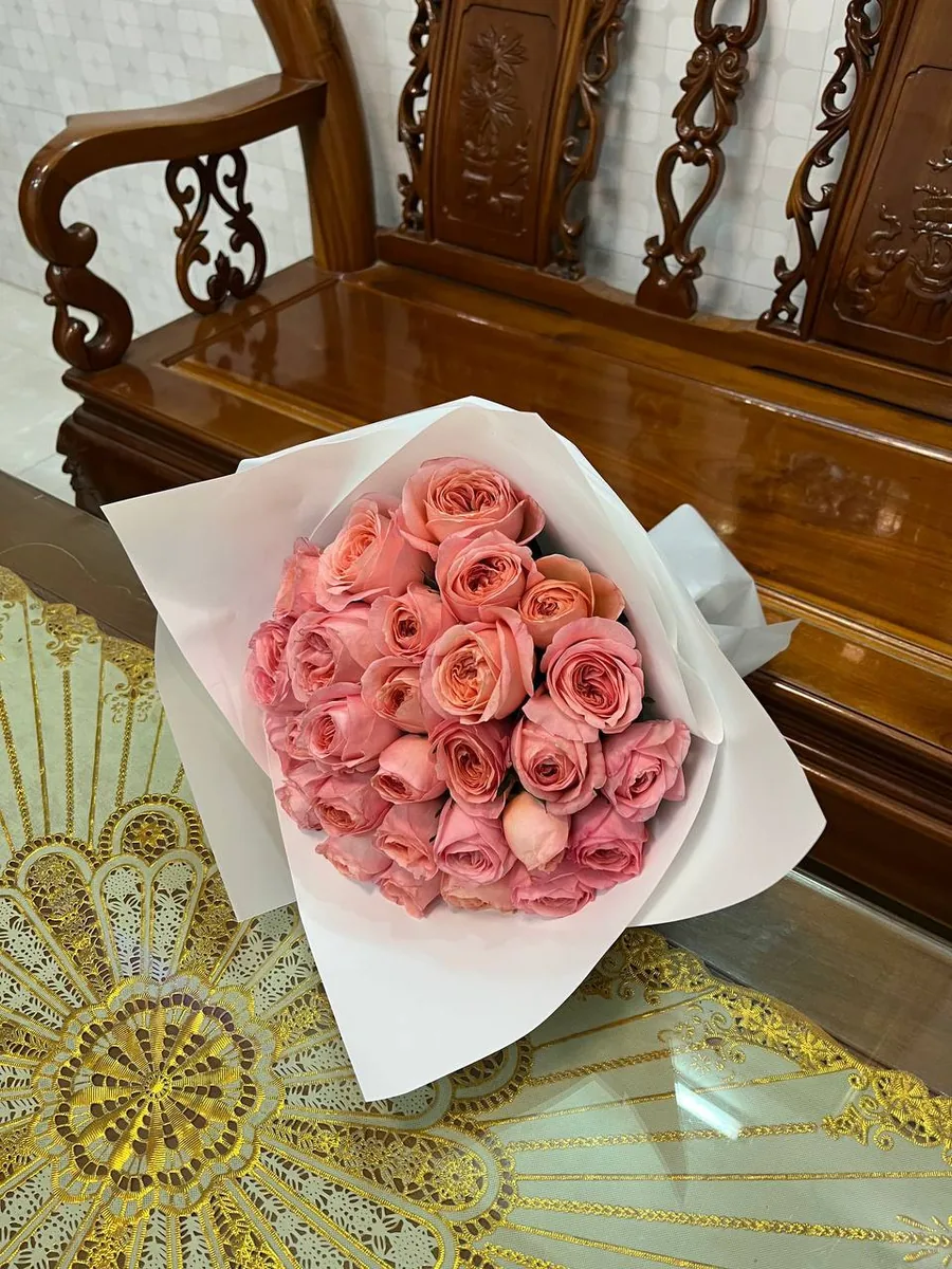 25 raspberry roses in white wrap delivery Nha Trang 4