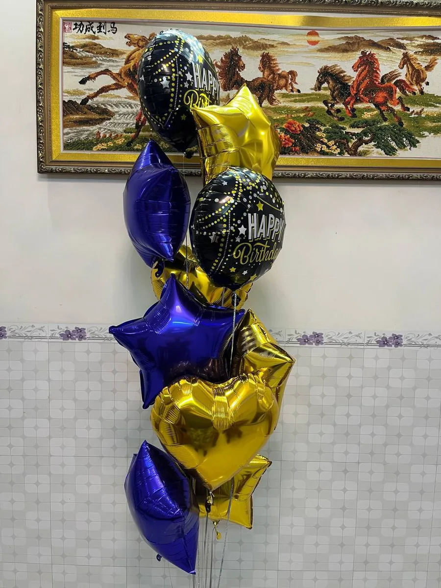 набор фольгированных шаров Happy Birthday чёрно-золотой Нячанг доставка 4
